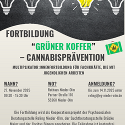 Fortbildung "Grüner Koffer" zur Cannabisprävention Plakat zur Fortbildung "Grüner Koffer" am 27. November in Nieder-Olm